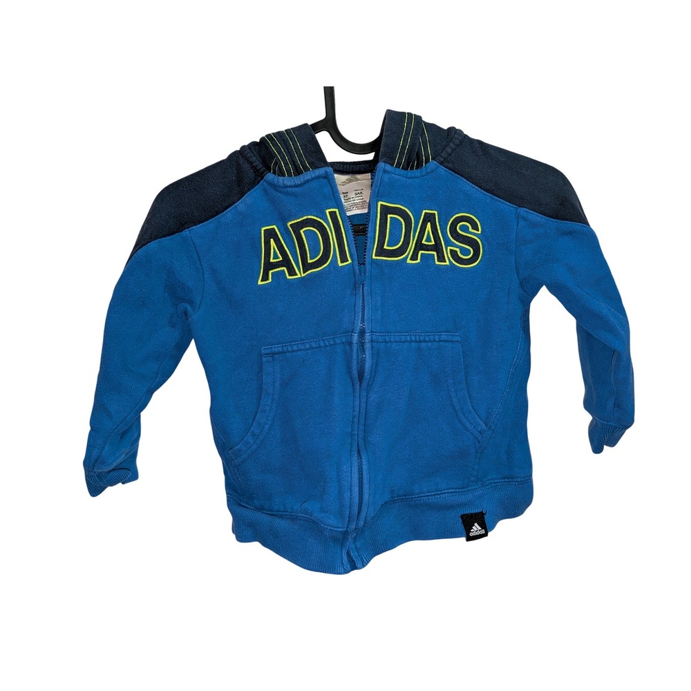 Adidas Kids Blue Navy Colorblock Full‎ Zip Hoodie Neon Logo Sweatshirt 3T